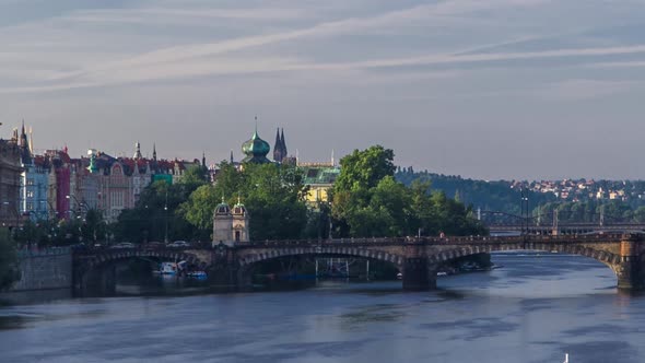 Vltava River Timelapse in District Strelecky Ostrov with the Bridge of the Legions and National