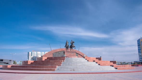 A Monument To the Kazakh Heroes, Makhambet Utemisov and Isat in City Atyrau Timelapse Hyperlapse.