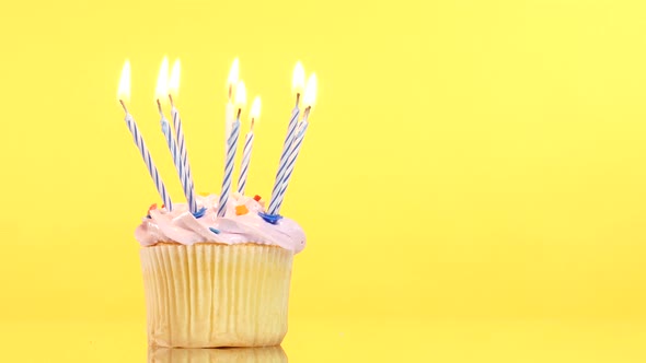 Tasty Birthday Cupcake with Nine Candle, on Yellow Background