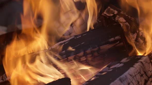 Close Up of Sparking Bonfire Near Camping Tent in Forest in Summer Night.