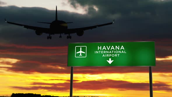 Plane landing in Havana Cuba airport