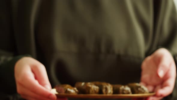 Dolma Closeup Meat in Grapes Leaves Middle Eastern National Traditional Food