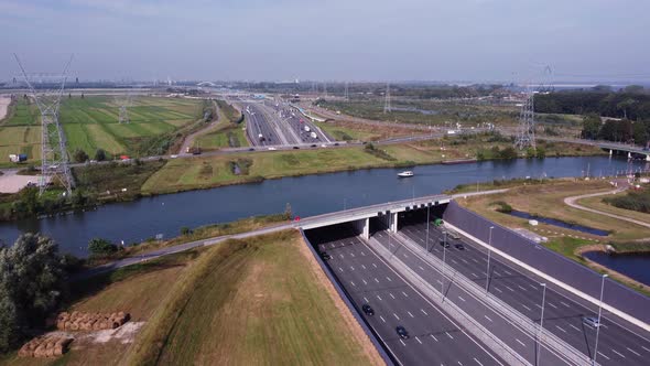 Aerial view of an aquaduct over highway A1 near Weesp, the Netherlands