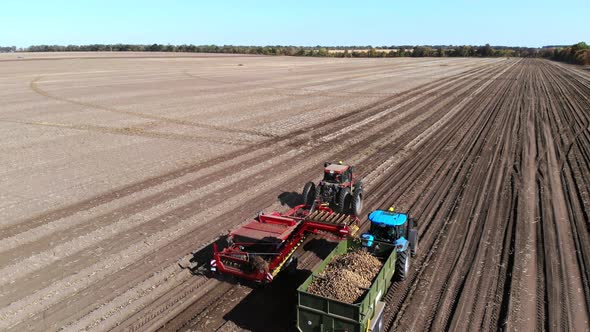 Top View, Aero. Useing Machinery at Farm Field During Potatoe Harvesting . Potatoe Picking Machine