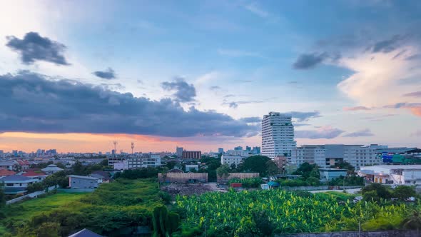 Bangkok. golden hour cloudy sky at summer day with Urban forest and Cityscape