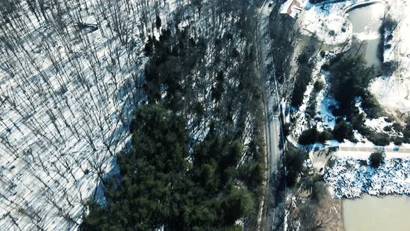 aerial view of woods with snow