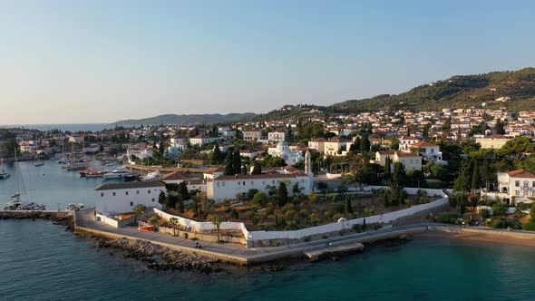 Aerial View of Spetses Old Town and Marina or Seaport Greece  Drone Videography