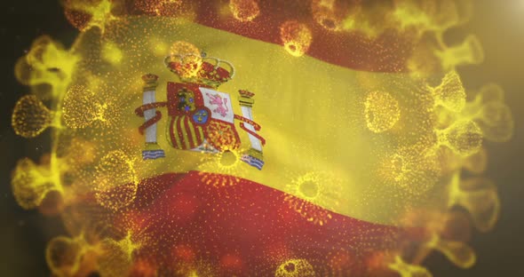 Spain Flag With Corona Virus Bacteria Centered