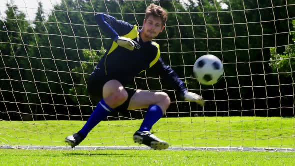 Goalkeeper saves a goal in the field