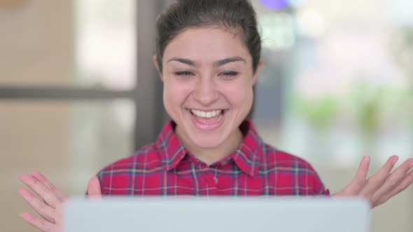 Close Up of Indian Woman Talking on Video Call on Laptop