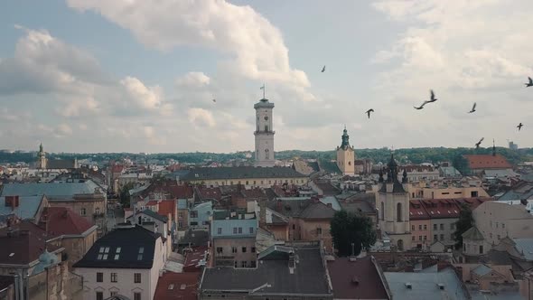 Aerial Drone Footage of European City Lviv, Ukraine. Flight Above Popular Ancient Part of Old Town