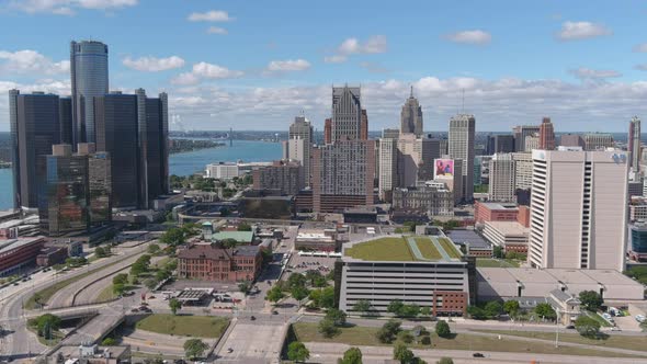 High angle aerial shot of downtown Detroit. This video was filmed in 4k for best image quality.