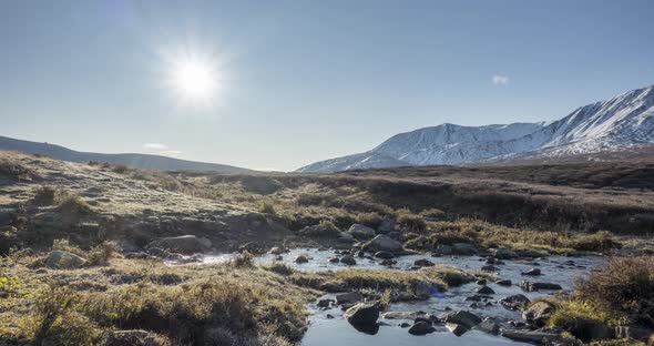 Mountain Meadow Timelapse at the Summer or Autumn Time. Wild Nature and Rural Valley, Sun Rays