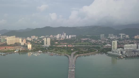 Aerial view busy interchange and Penang Bridge