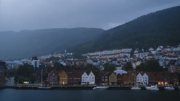 Evening Timelapse of BERGEN, BRYGGEN in Norway (Unesco world heritage site) with heavy rain