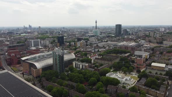 London  city skyline and BT tower in background drone aerial view