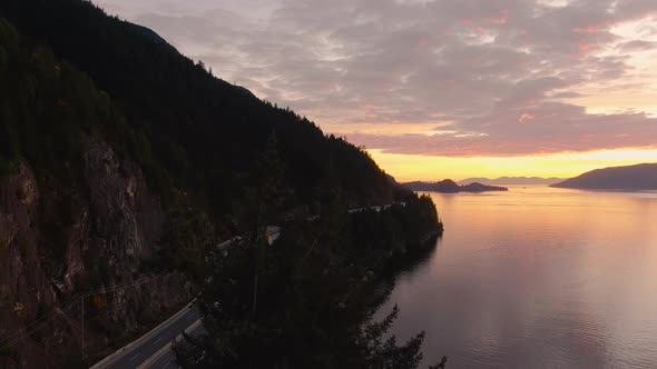 Sea to Sky Hwy in Howe Sound near Horseshoe Bay, West Vancouver, British Columbia, Canada. Aerial pa