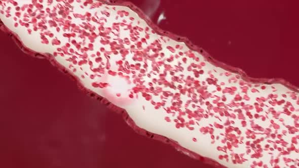 Animation of red blood cells in blood vessels passing through blood circulation