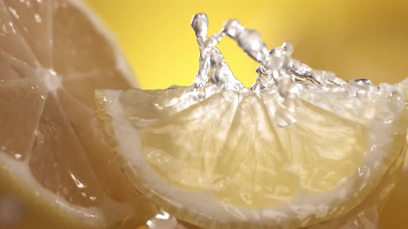 Slow Motion Shot of Lemon and Water Splashing Through Lemon Slices