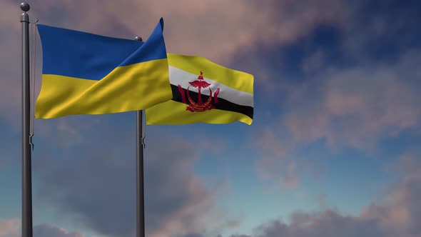 Brunei Flag Waving Along With The National Flag Of The Ukraine - 4K