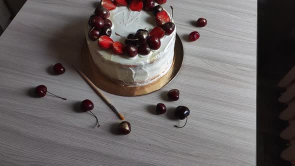 Homemade Tasty Cherry and Strawberries Cake