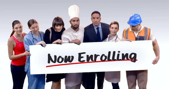 Various professional holding placard of now enrolling text