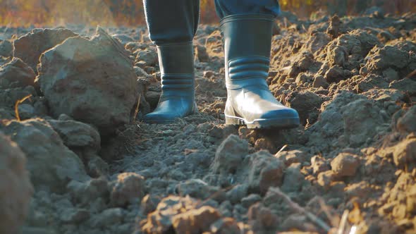 Farmer Goes with Rubber Boots Along Plowed Field. Rubber Boots for Work Use. A Worker Go Down a Heap