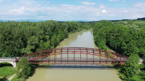 Flight along river Isar and historical bridge Bockerbruecke