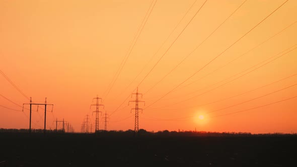 High Voltage Power Lines At The Sunset Time 6