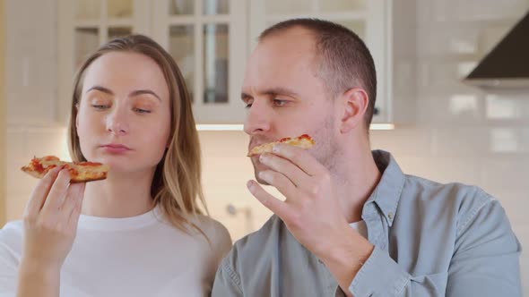 Couple Greedily Eat Delicious Pizza, Addiction To Fast Food, Unhealthy Food