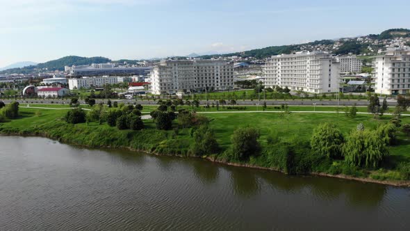 AERIAL VIEW, The Lake in the Park in City. Sunny Day, Beautiful Scenery with a Lake in the Park