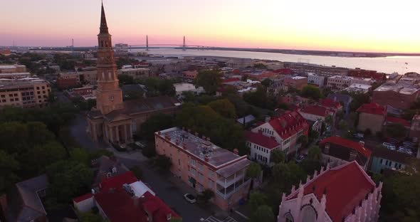 Aerial Flyby of Ravenel Bridge - Saint Philips Church - French Huguenot Church - Charleston SC