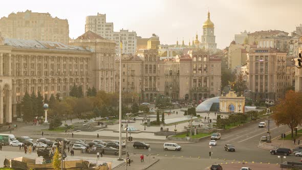 Traffic On The Maidan Before Sunset, Ukraine, Time Lapse