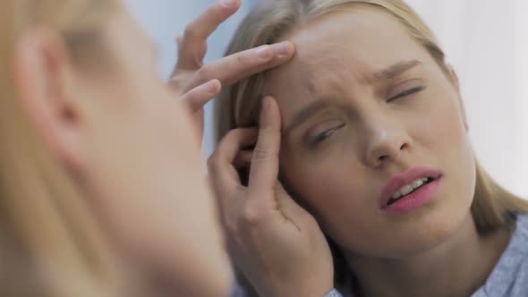 Upset Girl Popping Blackhead With Dirty Hands, Unhygienic Procedures, Acne