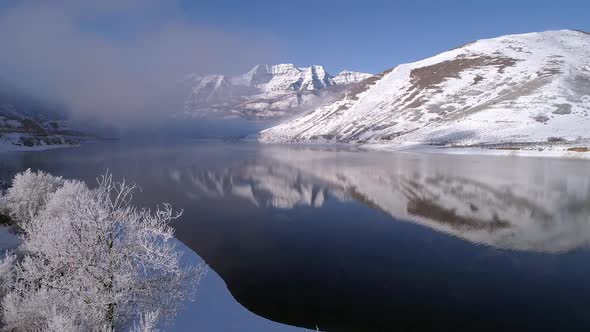 Flying past frost covered white tree over Deer Creek Reservoir