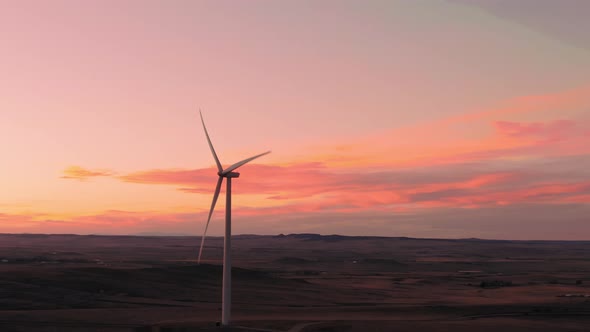 Aerial shots of a wind farm near Calhan in Colorado around sunset