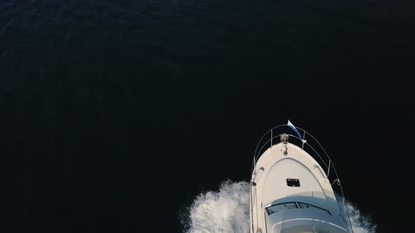 Aerial view of Motor boat on the azure sea of Montenegro