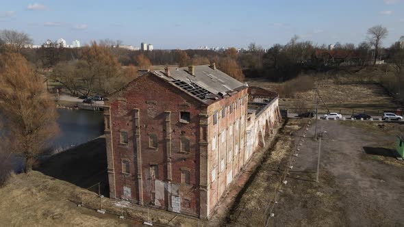 Distillery In Loshitsa Park. Fly Over The Destroyed Old Buildings.