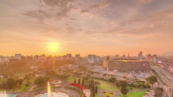 Aerial Sunset View of the National Stadium in the Peruvian Capital Lima with Park of the Reservey