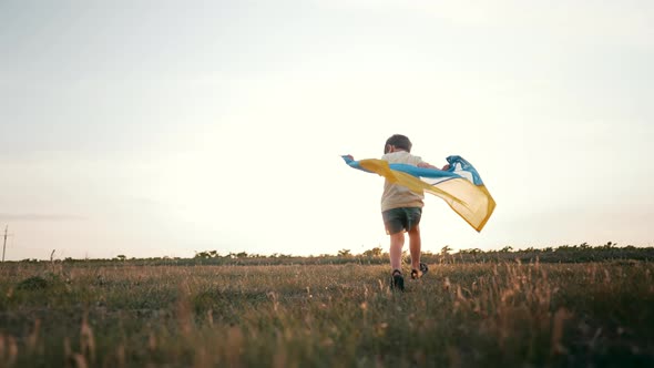 Cute Little Boy  Ukrainian Patriot Kid Running with National Flag on Open Area Field