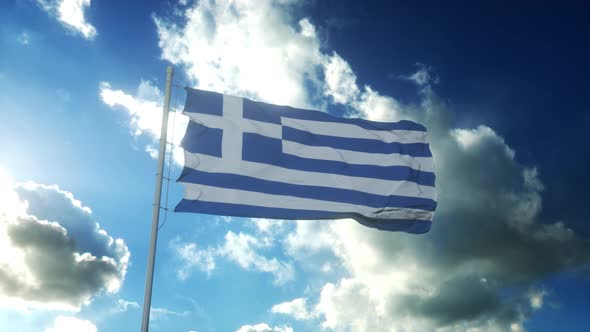 Flag of Greece Waving at Wind Against Beautiful Blue Sky