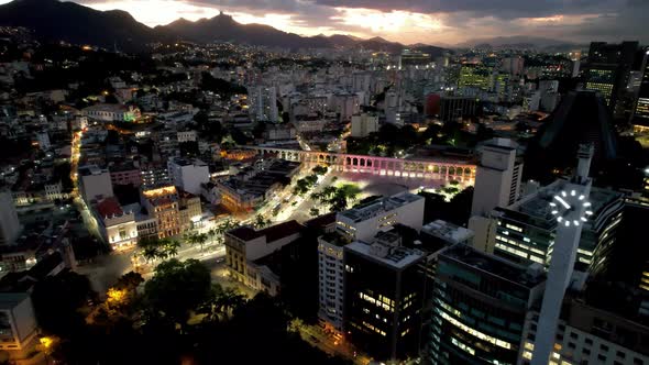 Sunset aerial view of downtown district of Rio de Janeiro Brazil.