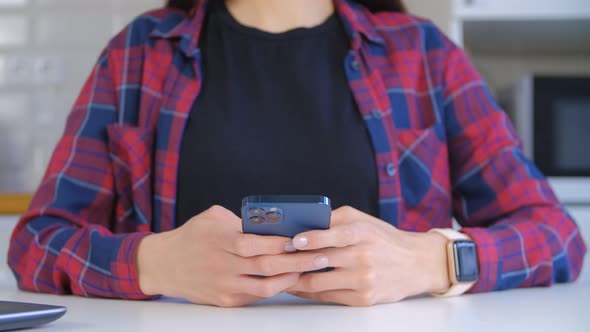 Girl using smart phone app for communication online in 4k stock video