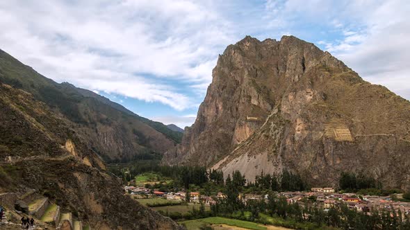 Time lapse of Ollantaytambo Inca Ruins, tourists going up and down, Peru