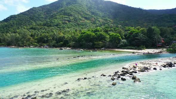 Aerial top view tourism of marine tourist beach vacation by blue ocean and clean sand background of 