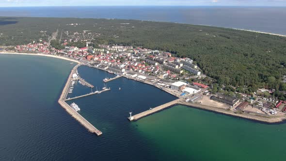 Flying over the port in Hel town and peninsula at the Baltic Sea, Poland, Europe