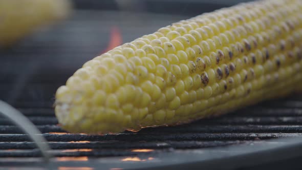 Macro Shot Corn With Flames On A Grill