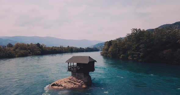 A House On A Rock On The Drina River In Serbia