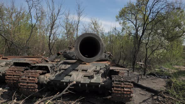 A Destroyed and Burnt Tank of the Russian Army As a Result of a Battle with Ukrainian Troops Near