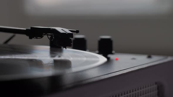 Vintage Gramophone Player Close-up Playing the Record